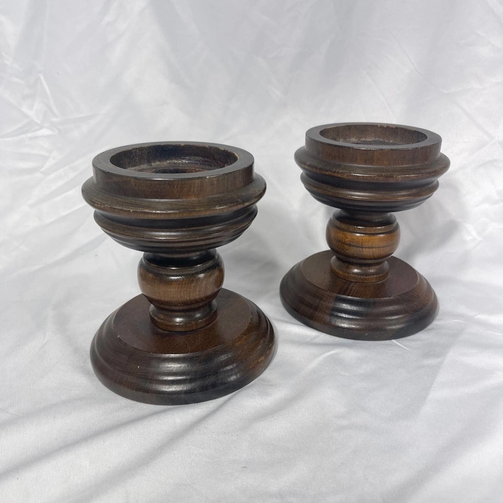 VTG Basketville hand turned wood pedestal candle holders